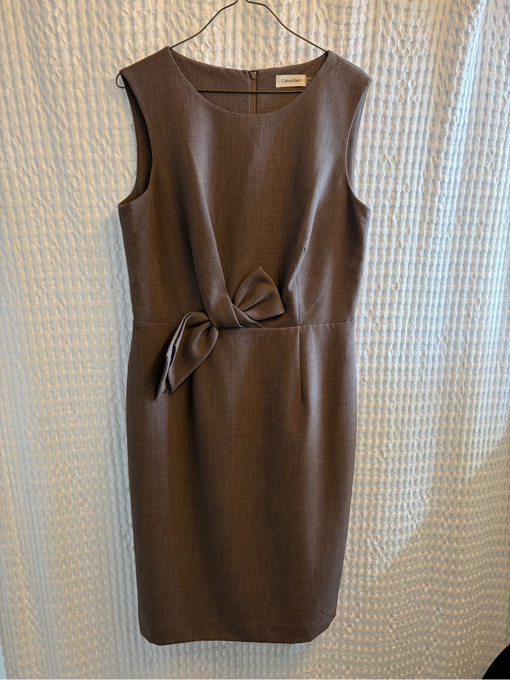 Calvin Klein Brown Sleeveless Sheath Dress with Waist Tie, excellent condition.